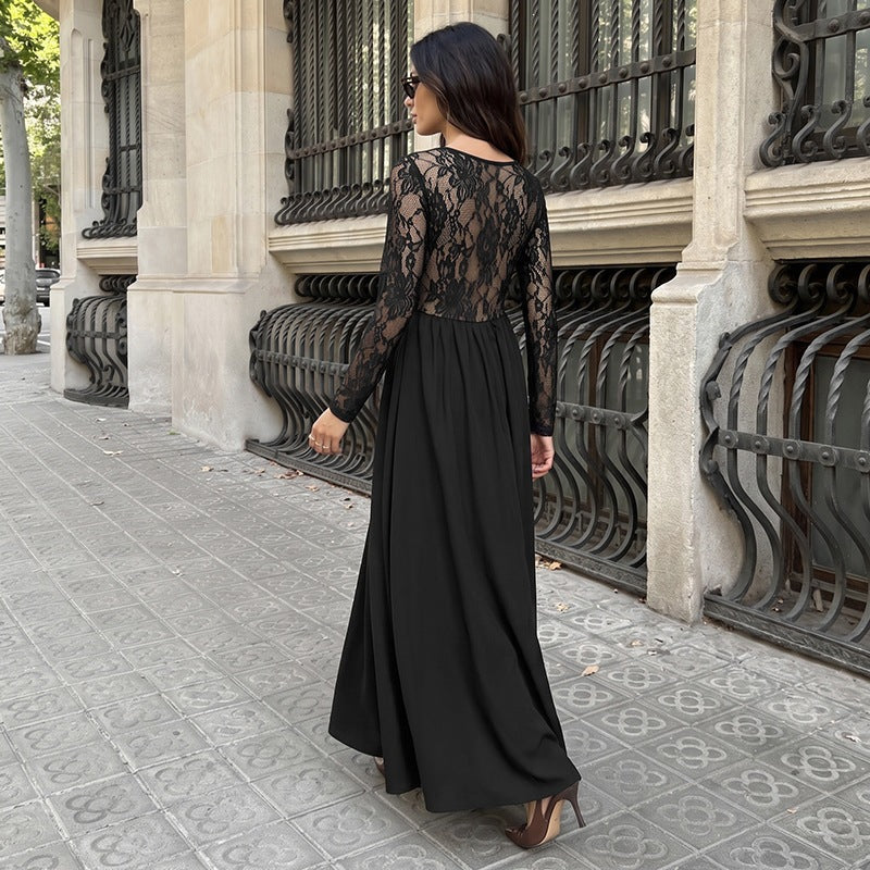 Women Figure-flattering Midi Dress with Lace Sleeves and Square Neckline Chichicherry
