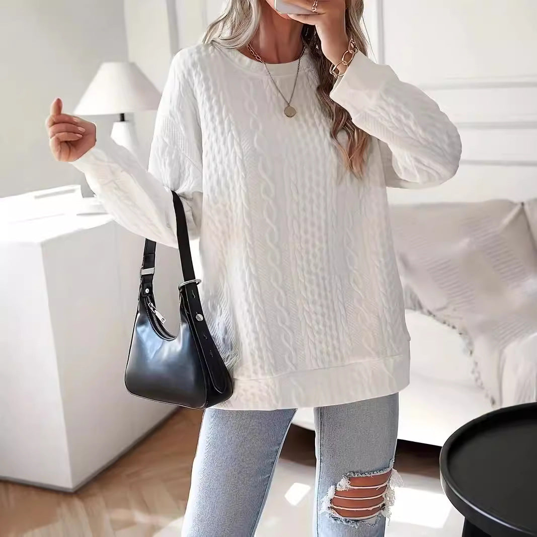 Women Oversize Knit Sweatshirt with Cable Pattern and Ribbed Hem Chichicherry