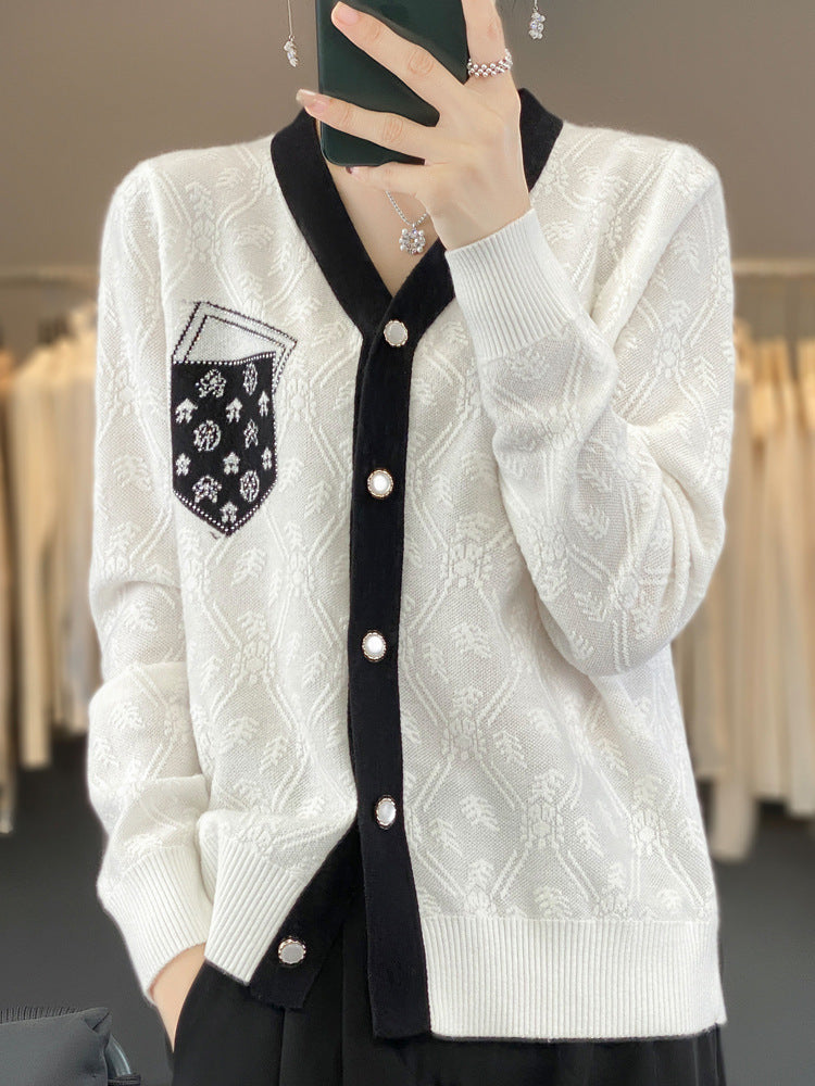 Women's Short-Cut V-Neck Cardigan with Pearl Buttons and Contrasting Breast Pocket Chichicherry