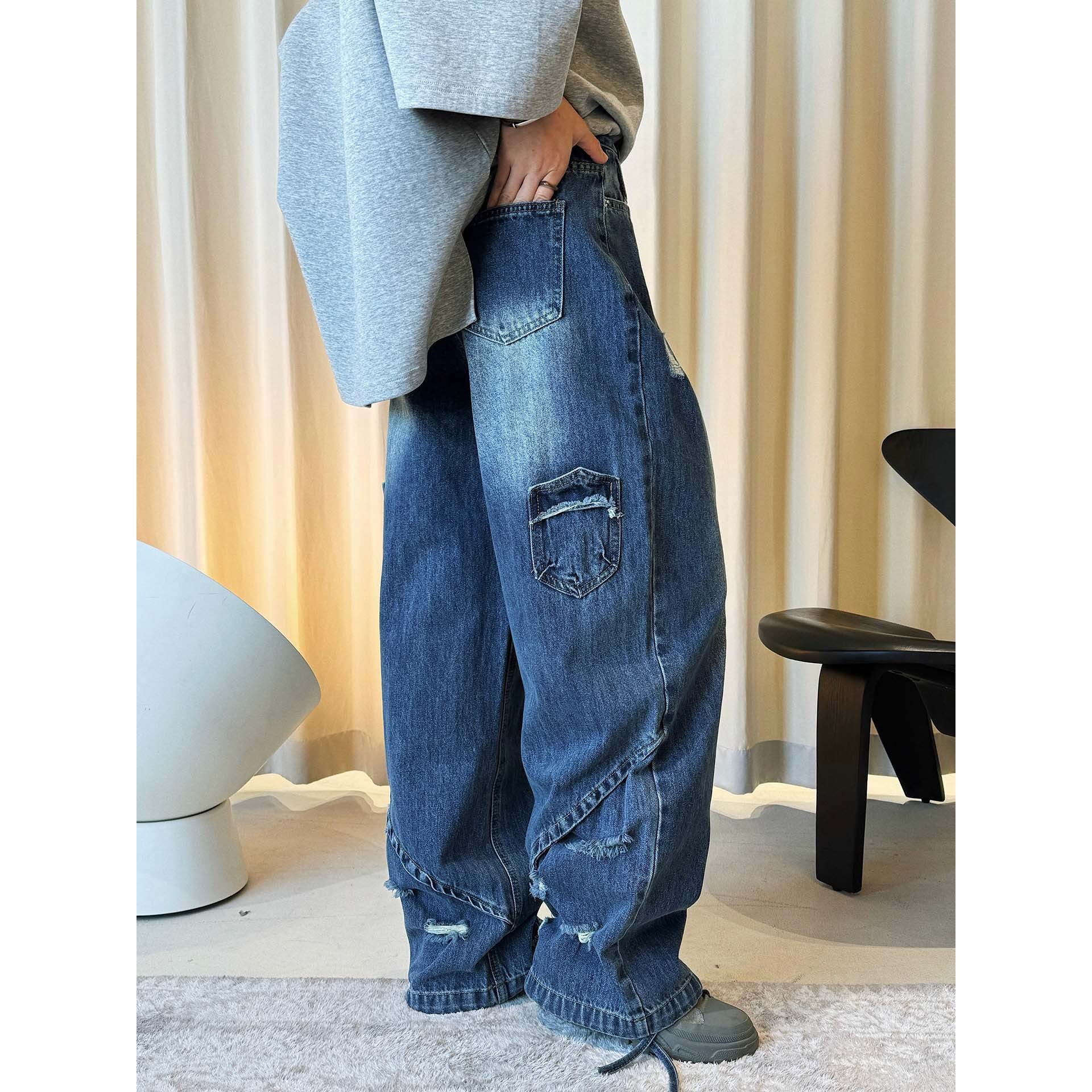 Women's Wide Baggy Jeans with Distressed Details and Cargo Pockets Chichicherry