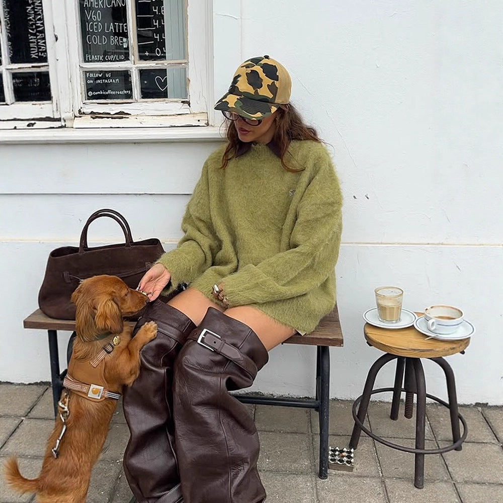 Women's Oversize Mohair Sweater Dress with High-Pile Knit and Casual Tunic Silhouette Chichicherry