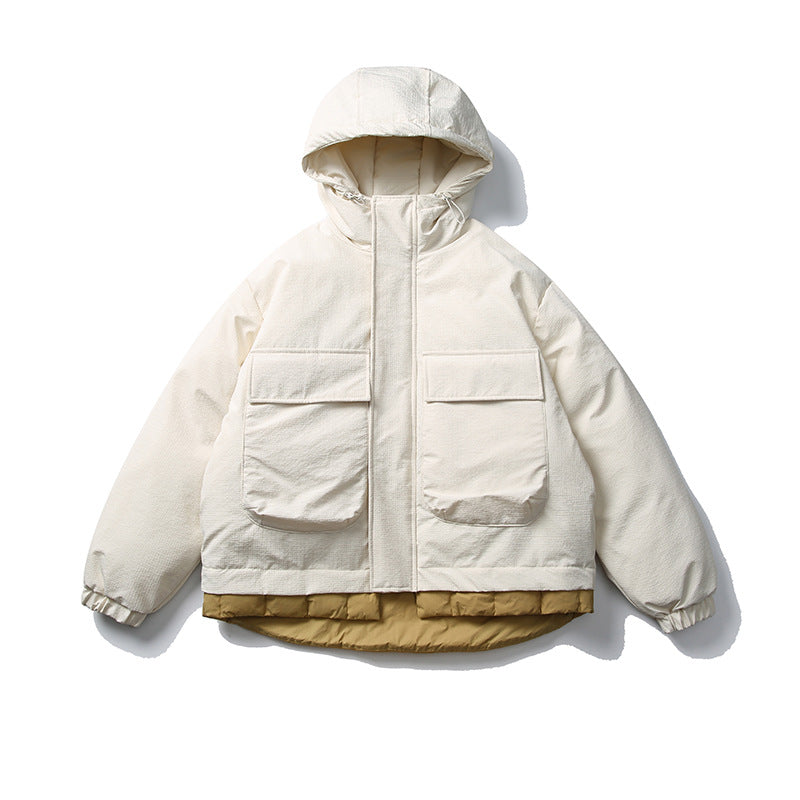 Unisex Short cut padded hoodie jacket in material mix with patch pockets Chichicherry