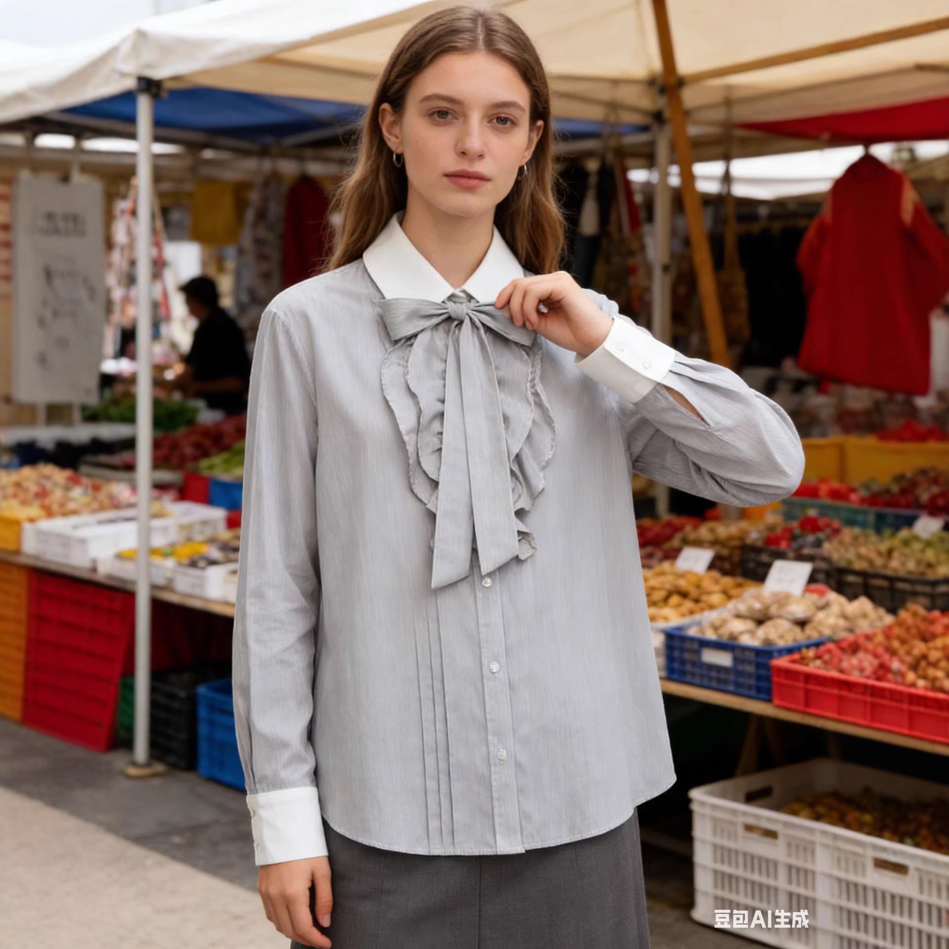 Ladies Striped Blouse with Bow Collar, Ruffle Front and Contrast Cuffs Chichicherry
