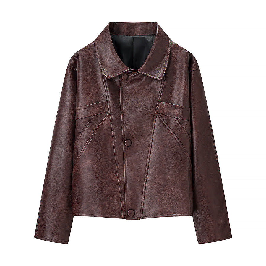 Women's Oversize Faux Leather Bomber Jacket with Round Collar and Distinctive Seam Details Chichicherry
