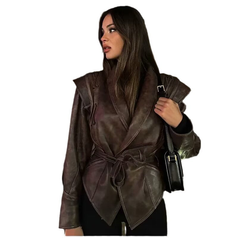 Women's Wrap Leather Jacket with Waist Belt, Emphasized Shoulder Area and Feminine Silhouette Chichicherry