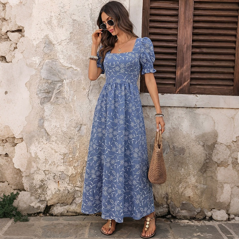 Women's Long Light Summer Maxi Dress with Square Neckline, Puff Sleeves and Floral Embroidery Look Chichicherry