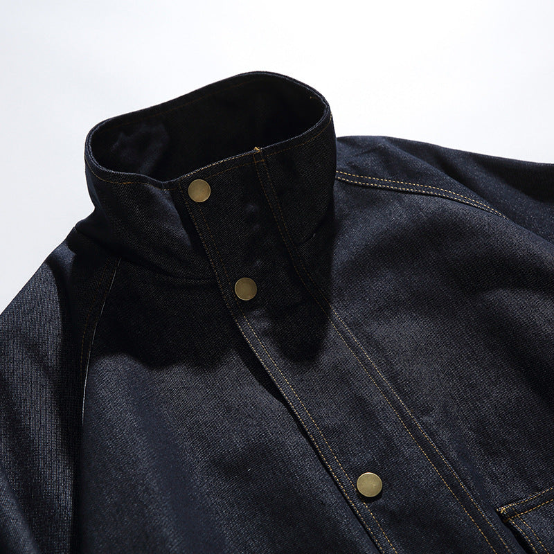 Unisex Boxy Jeans Jacket in Oversized Cut with Stand-Up Collar and Flap Pockets Chichicherry