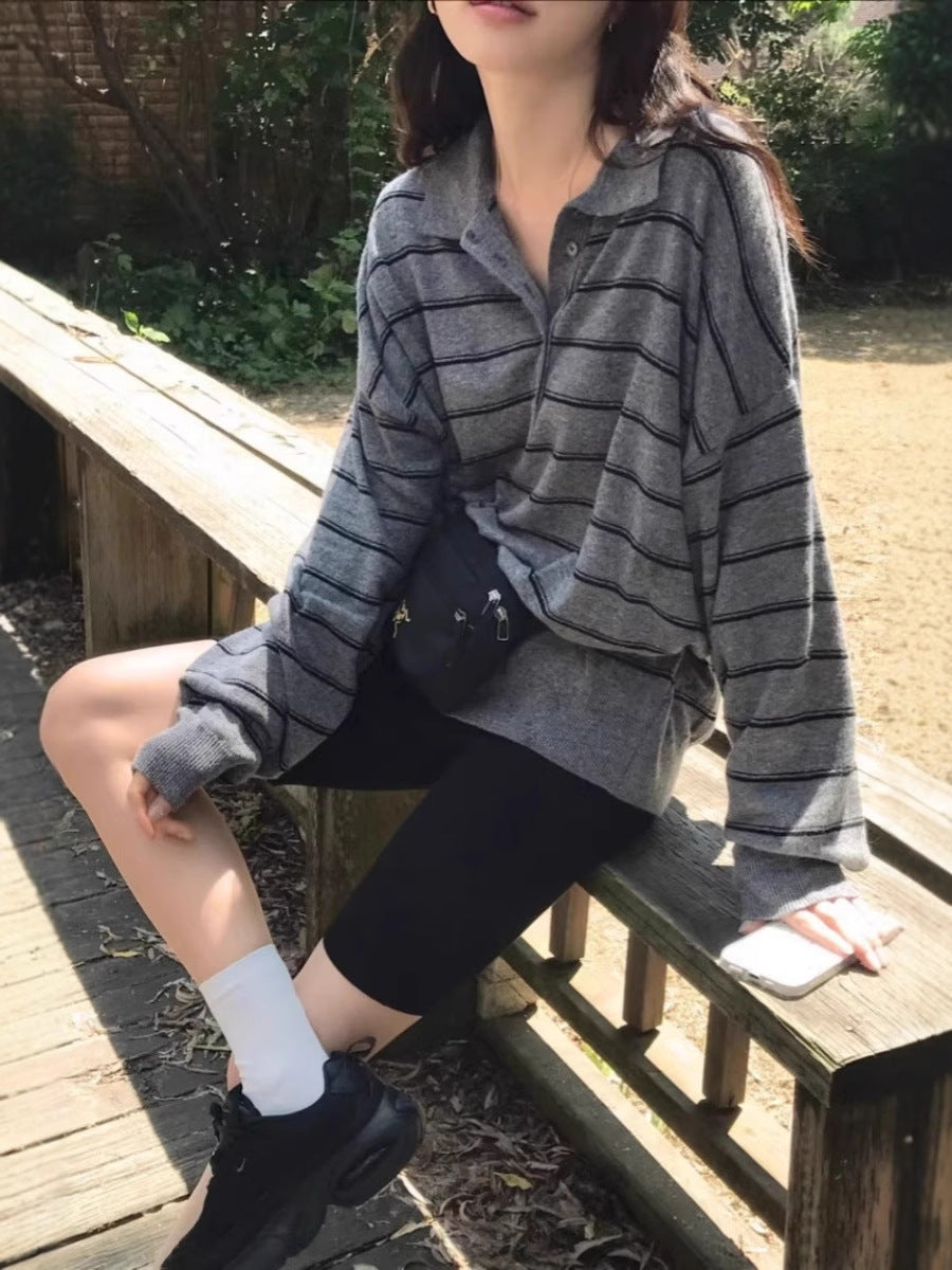 Women's Oversized Polo Collar Sweater with Stripes and Half Button Placket Chichicherry