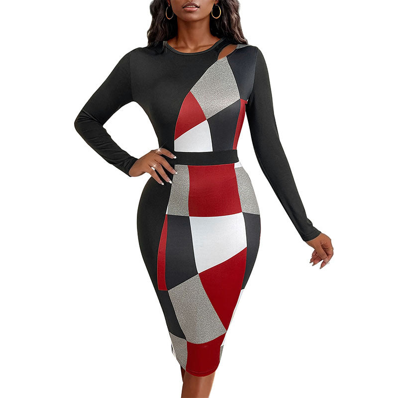 Women's Figure-Hugging Midi Dress with Graphic Color Block Pattern, Cut-Out Shoulder and Tailored Silhouette Chichicherry