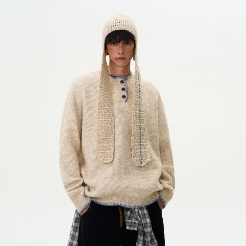 Herren Grobstrick-Henley-Pullover mit Bouclé-Optik und kontrastierten Bündchen Chichicherry