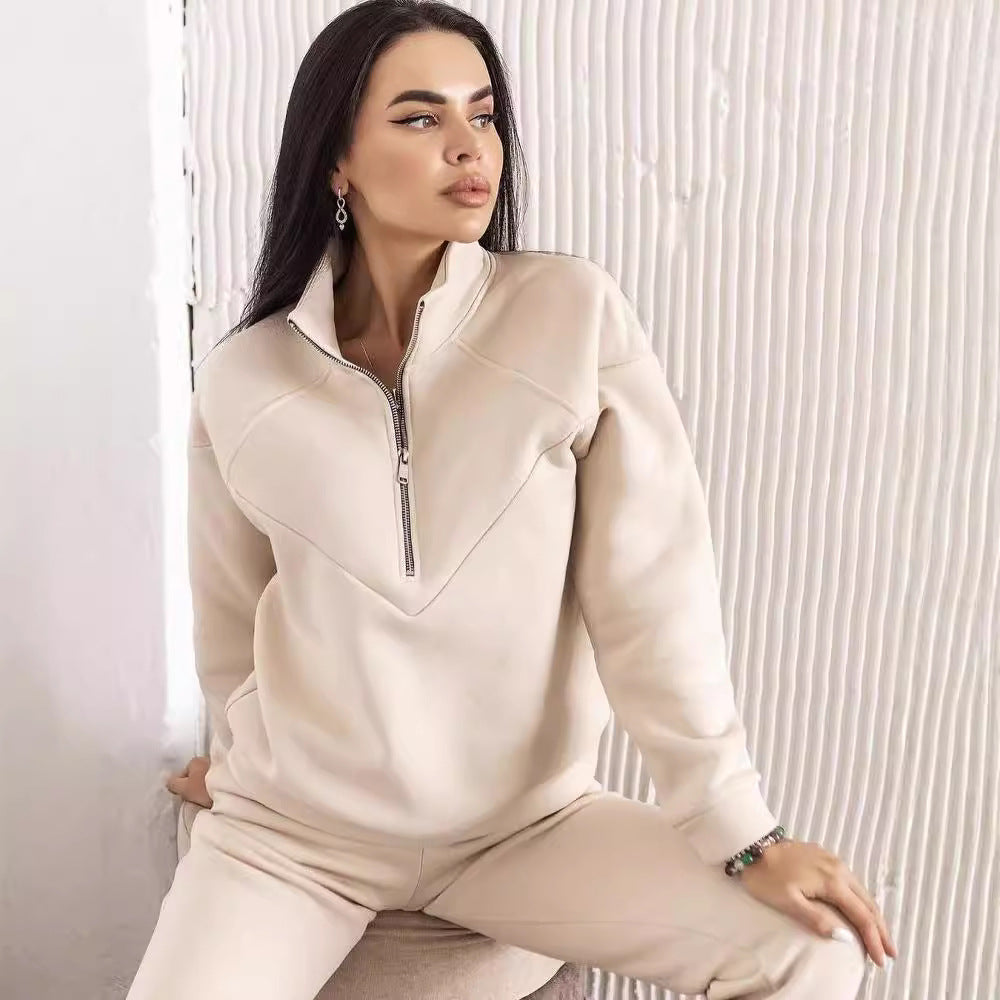 Damen Zweiteiliges Sweat-Loungewear-Set mit Troyer-Reißverschluss und elastischer Jogginghose Chichicherry