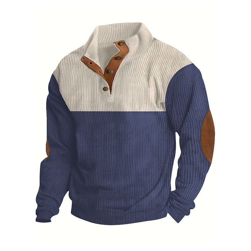 Men's Structured Half-Button Sweater with Stand Collar, Ribbed Texture and Elbow Patches Chichicherry