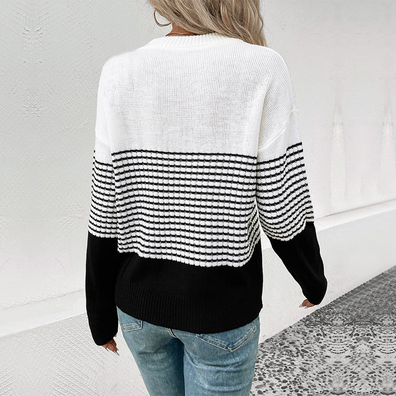 Women's Relaxed-Fit Block Stripe Fine Knit Sweater with Ribbed Cuffs and Dropped Shoulder Chichicherry