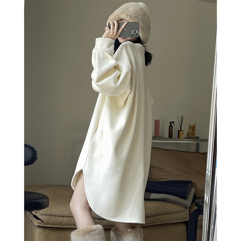 Women Oversize Fleece Sweat Dress with Balloon Sleeves and Side Slits Chichicherry