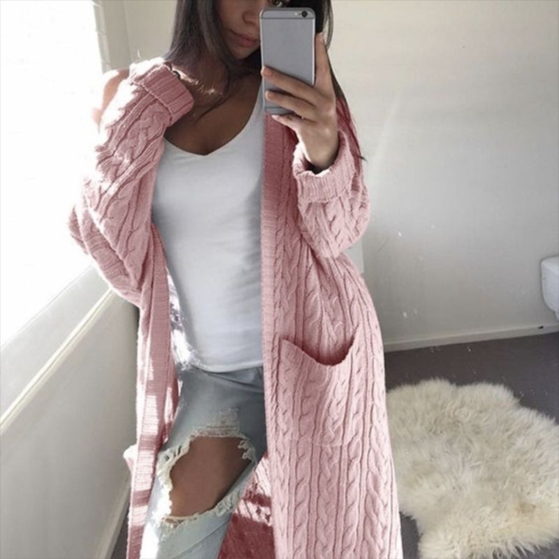 Women Long Oversize Cable Knit Cardigan with Pockets Chichicherry