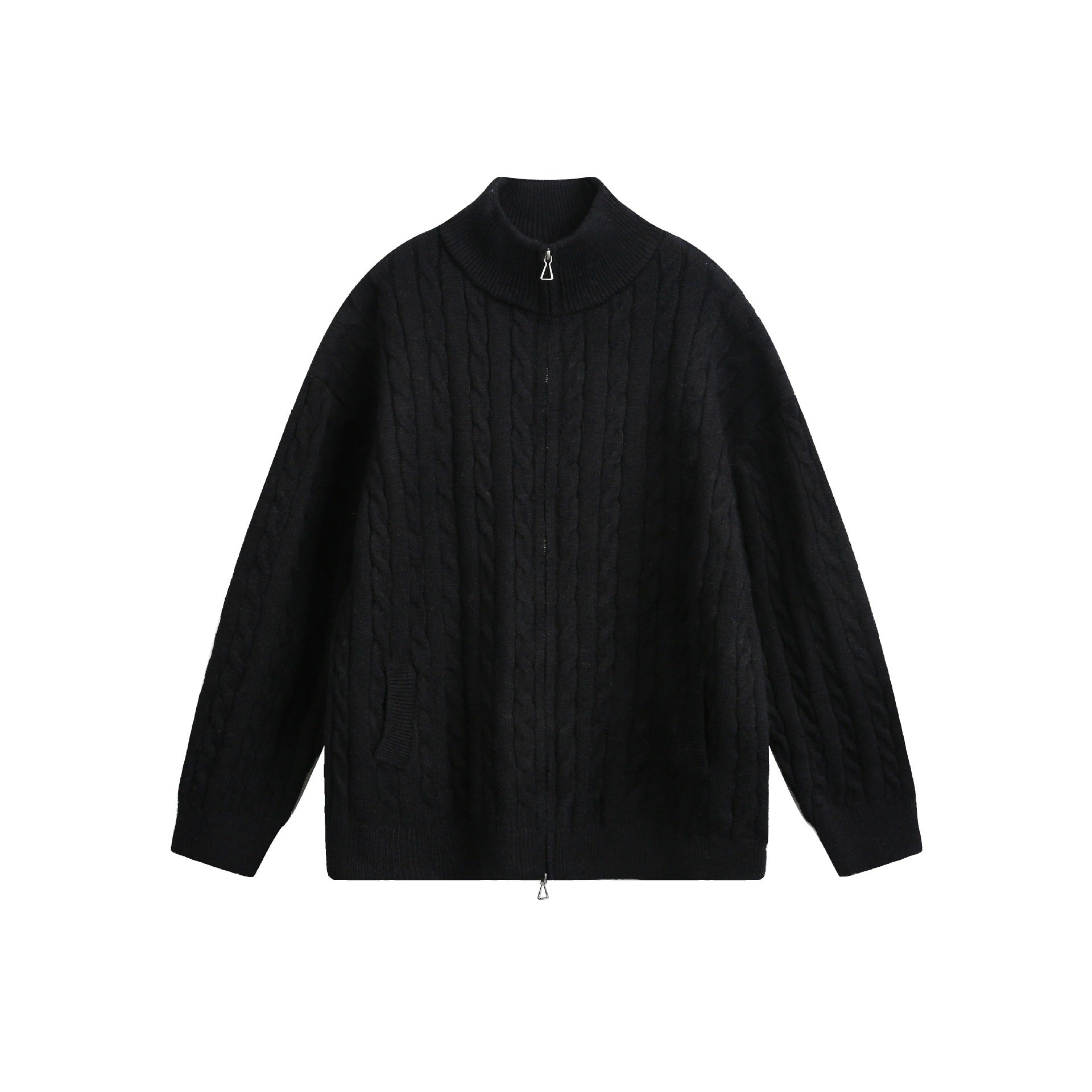 Unisex chunky knit pullover with cable pattern, high stand-up collar and two-way zipper Chichicherry