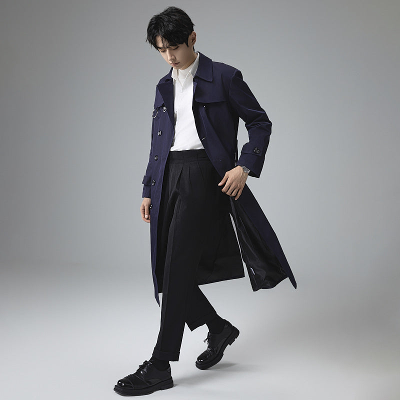 Men's Modern Tech Trench Coat with Double-Breasted Button Placket, Tie Belt and Subtle Ring Details Chichicherry