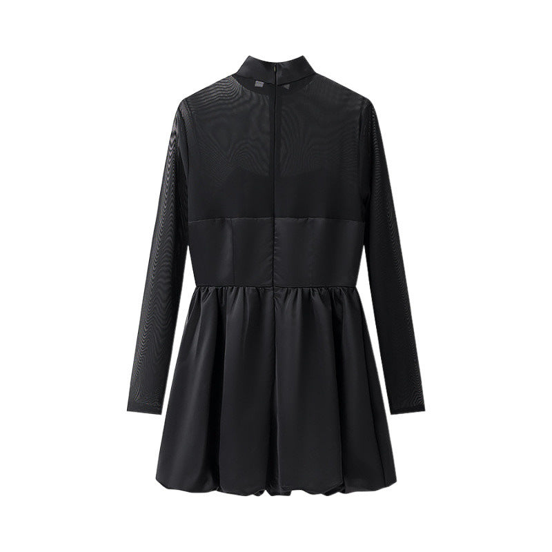 Women's short mesh overlay skater dress with high collar and fitted corset Chichicherry