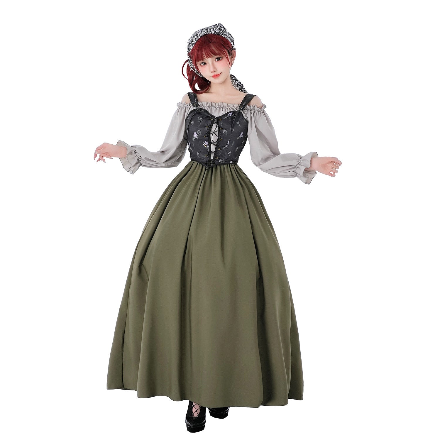 Women Vintage Party Dress with Romantic Ruffle Details and Puff Sleeves Chichicherry