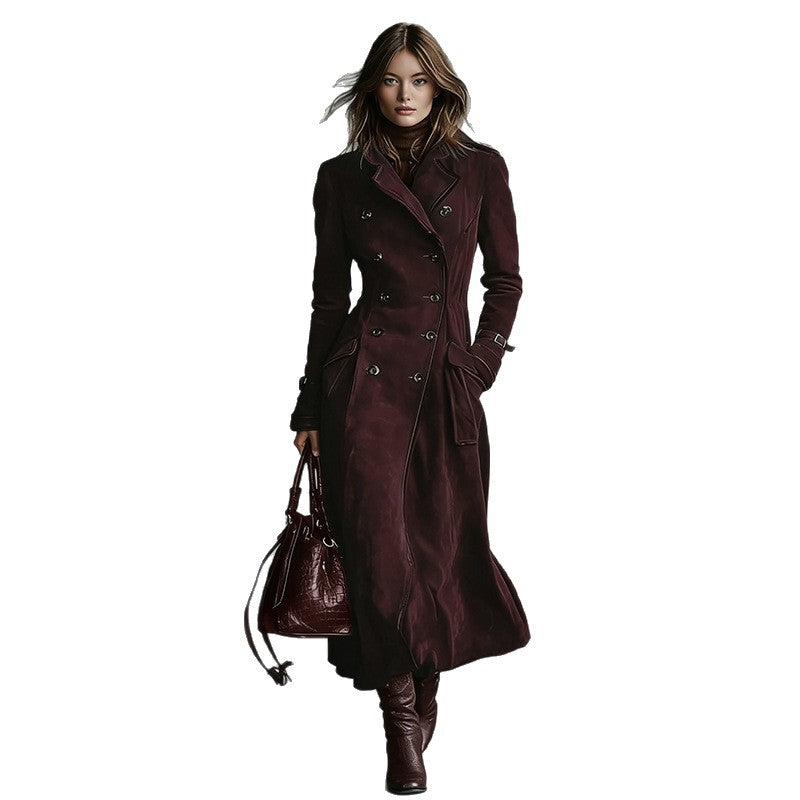 Women Longer Tailored Trench Coat in Suede Look with Double-Breasted Button Placket and Buckle Cuffs Chichicherry