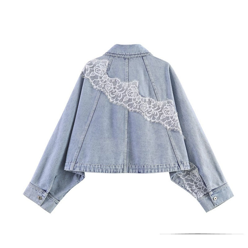Women cropped denim jacket with lace trim and dropped shoulder Chichicherry