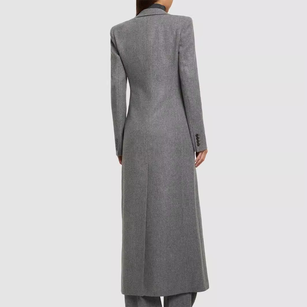 Women's Maxi Long Wool Blend Blazer Coat with Distinctive Shoulder Design Chichicherry