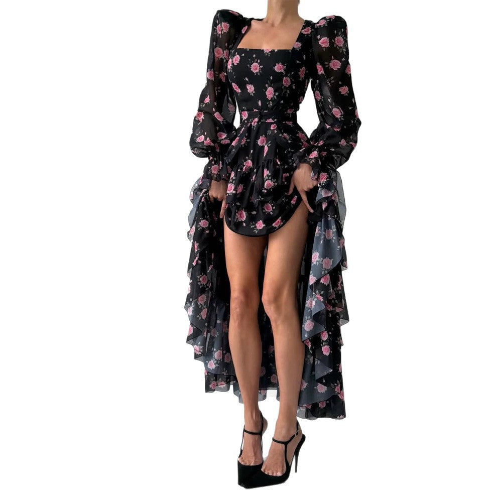 Women's maxi dress with layered ruffle high-low hem, square neckline, and sheer puff sleeves