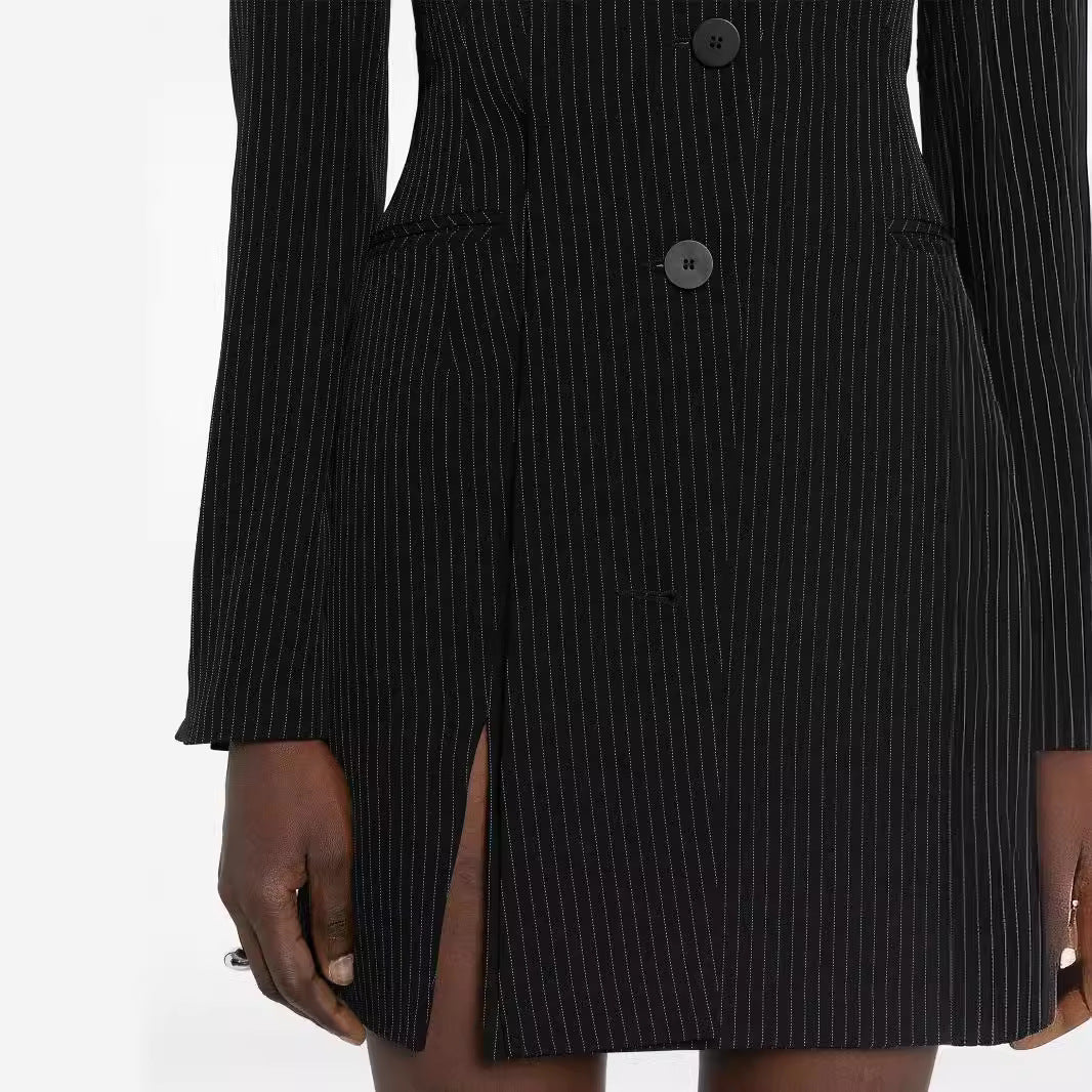 Women Tailored Pinstripe Blazer Dress with Single-Breasted, Slit and Slim Silhouette Chichicherry