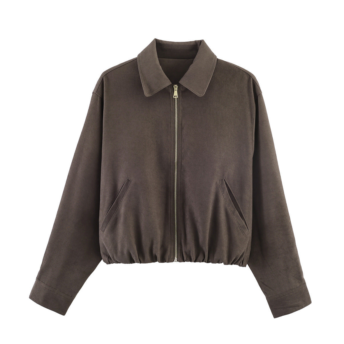 Women’s short-cut suede look bomber jacket with zipper, elastic hem and diagonal side pockets Chichicherry