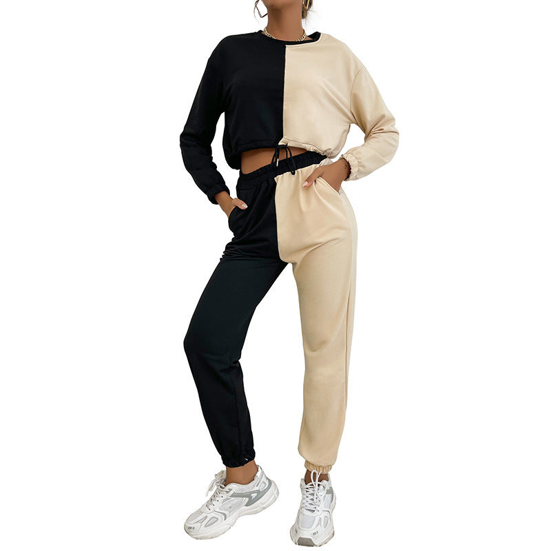 Women's Two-Tone Cropped Jogging Set with Drawstring, Elastic Cuffs, and Boxy Cut Chichicherry