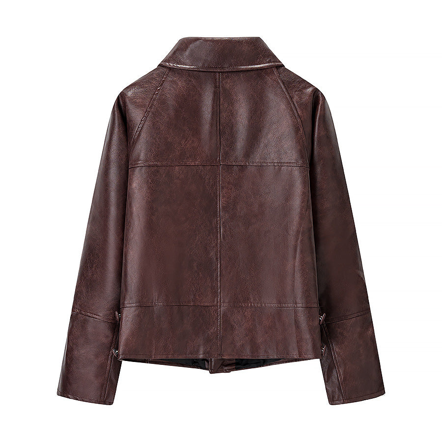 Women's Oversize Faux Leather Bomber Jacket with Round Collar and Distinctive Seam Details Chichicherry
