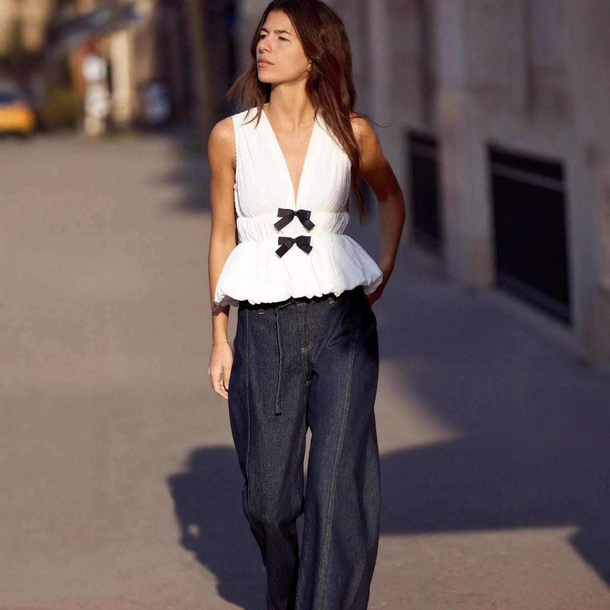 Women's Wide High-Waist Palazzo Jeans with Center Seam and D-Ring Belt Chichicherry