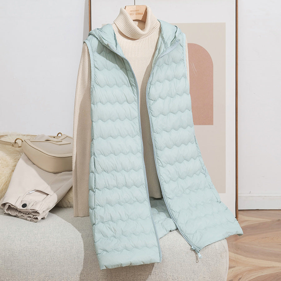 Women's Long Quilted Hooded Vest with Ultralight Thermal Filling and Two-Way Zipper Chichicherry