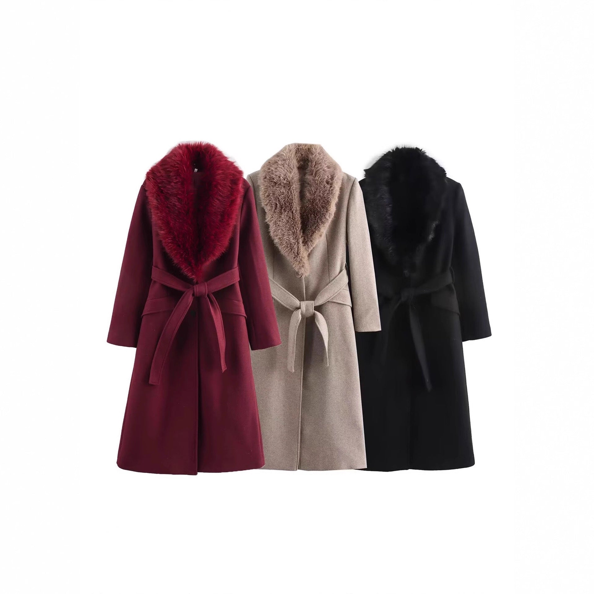 Women's wool coat with removable faux fur shawl collar and belted waist Chichicherry