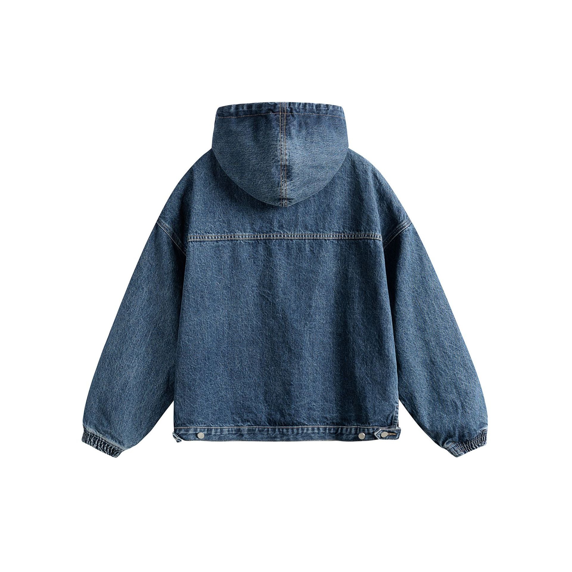 Unisex Oversize Denim Hoodie with Half Zip, Kangaroo Pocket and Drawstring Chichicherry