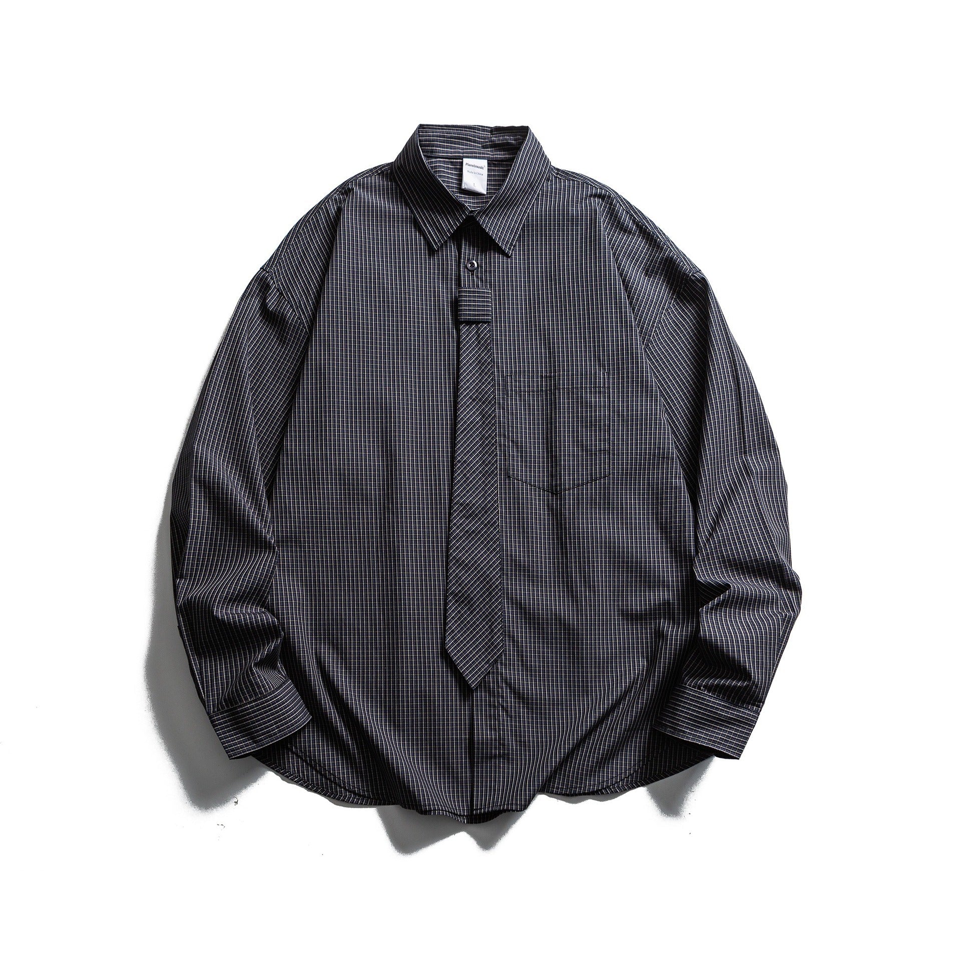 Men's Checkered Long Sleeve Shirt with Integrated Tie Placket Chichicherry