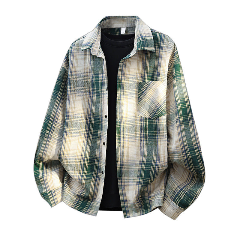Men's Oversized Checked Flannel Shirt Jacket with Breast Pocket & Rounded Hem Chichicherry
