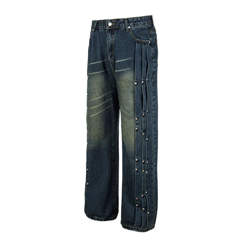 Women's Loose Denim Jeans with Snap Button Side Stripes, High Waist and Used Wash Chichicherry
