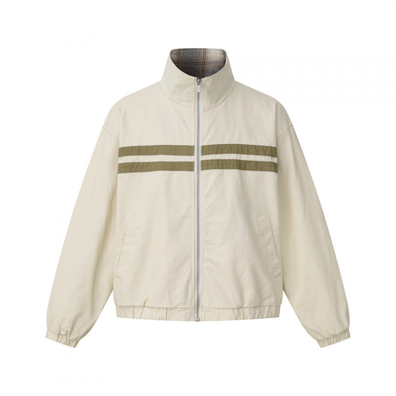 Unisex short cut boxy blouson jacket with stand collar, double stripe detail and checked inner lining Chichicherry