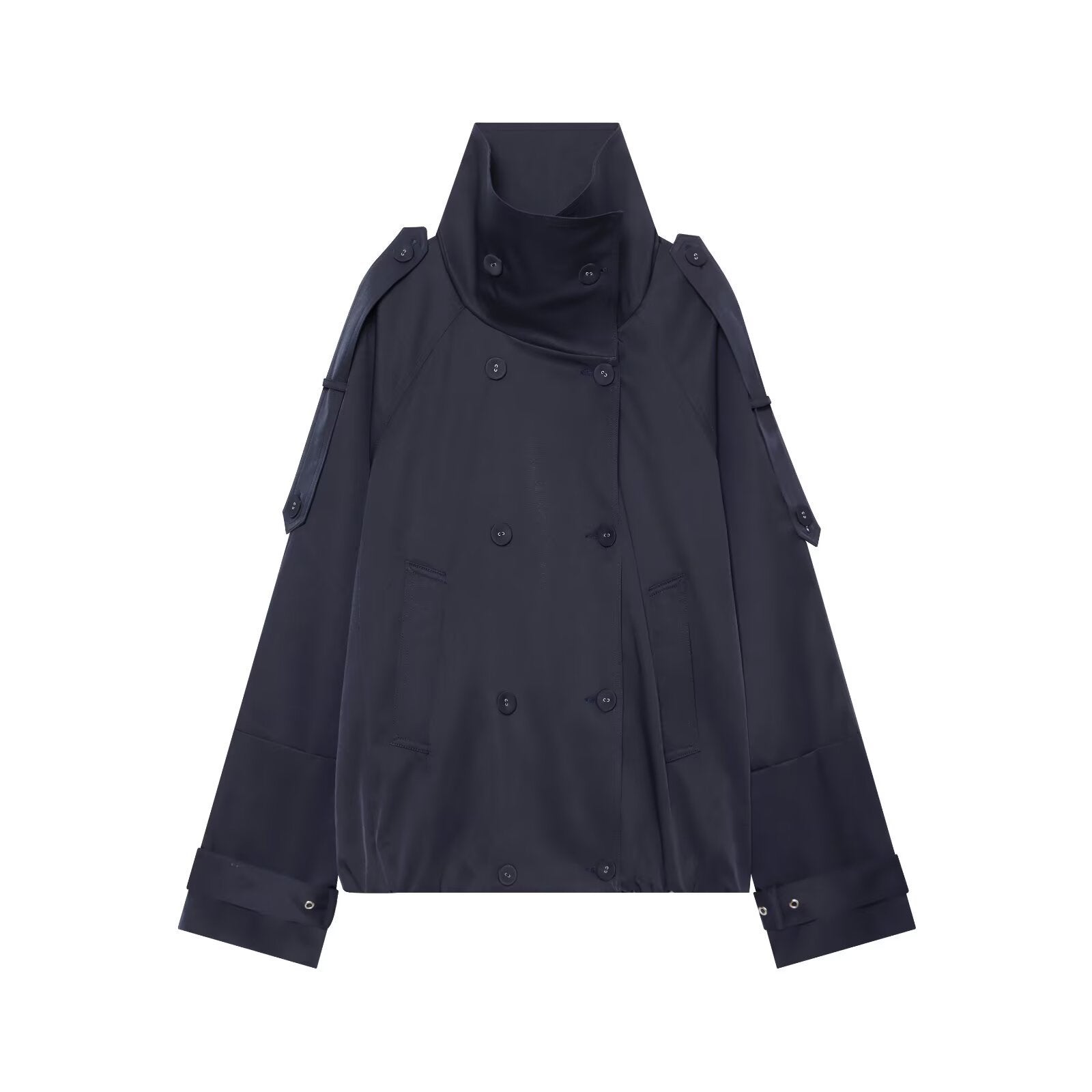 Women's Cape-like Short Double-breasted Trench Coat with High Stand Collar and Adjustable Cuffs Chichicherry