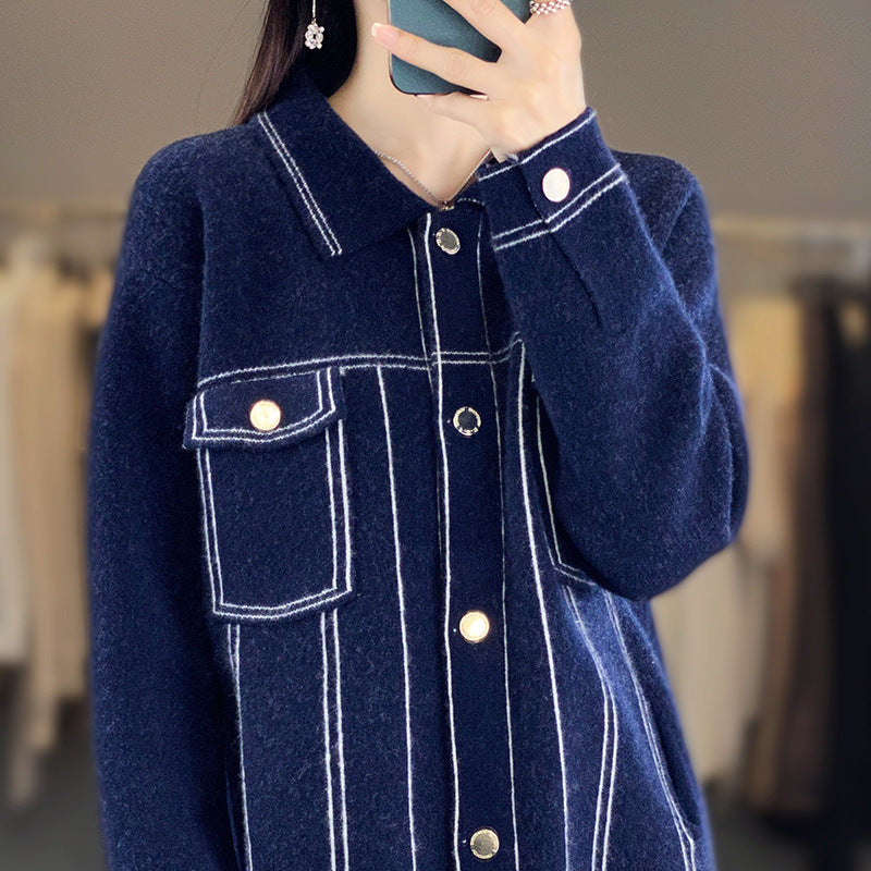 Women’s Oversized Knit Jacket in Denim Jacket Look with Contrasting Stitching Details and Chest Pocket Chichicherry