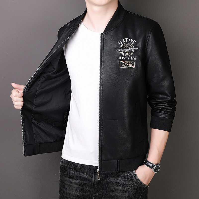 Men's Lightweight Bomber Jacket with Embroidered Patches, Short Stand-Up Collar and Zipper Chichicherry