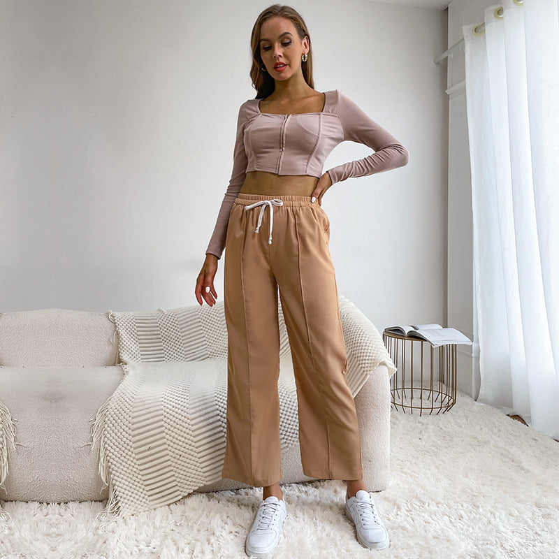 Women's Wide High-Waist Trousers with Elastic Waistband, Drawstring, and Crease Chichicherry