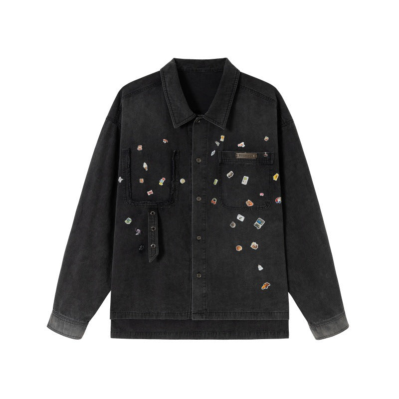 Men's overshirt made of denim with applied pin patches and used details Chichicherry