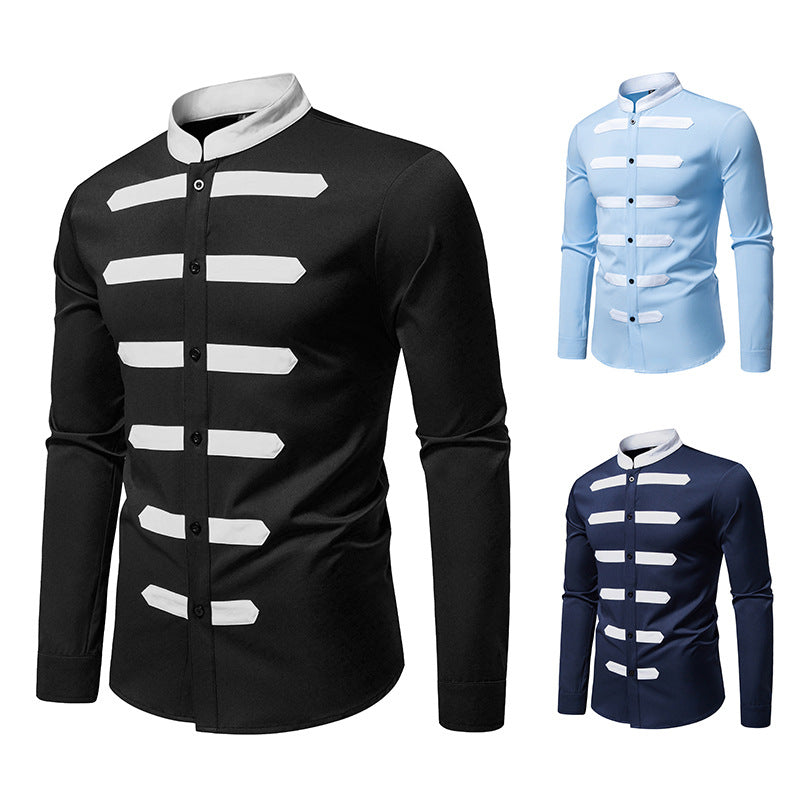 Men's Slim-Fit Shirt with Stand Collar and Decorative Piping Stripes Chichicherry
