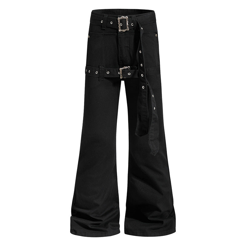 Women's High-Waist Flared Cargo Pants with Wide Leg, Double Belt and Metal Eyelets Chichicherry