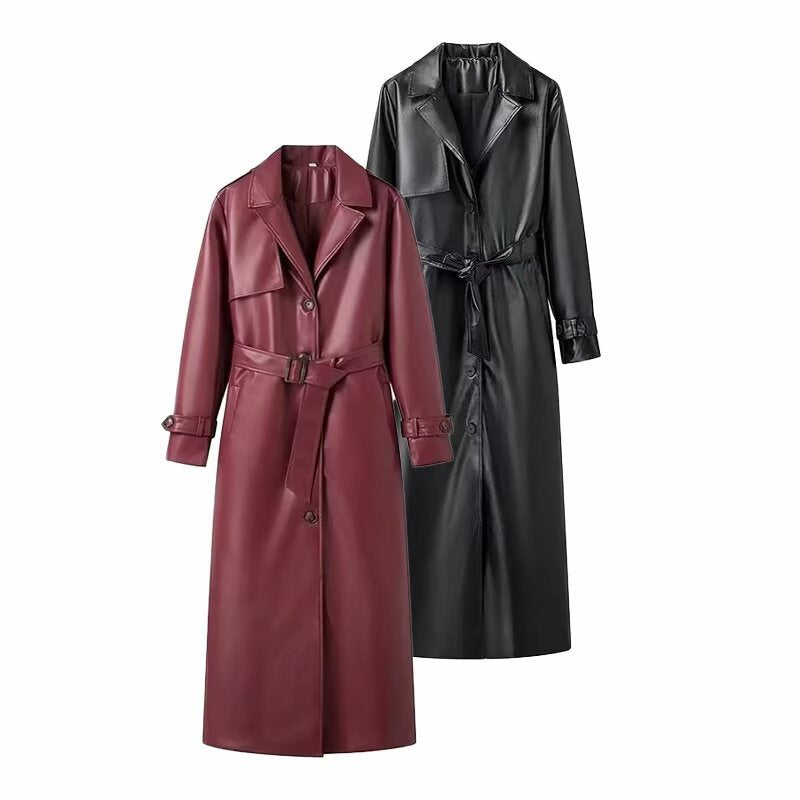 Women's Long Faux Leather Trench Coat with Waist Belt, Wide Lapels and Water-Resistant Surface Chichicherry