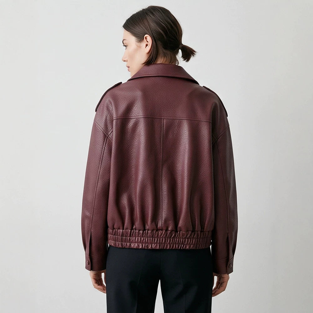 Women's Boxy Faux Leather Blouson with textured grain, double-breasted button placket & elastic hem Chichicherry