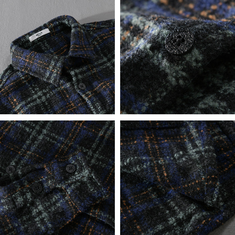 Men's Boucle Overshirt in Shirt Jacket Style with Kent Collar and Check Pattern Chichicherry