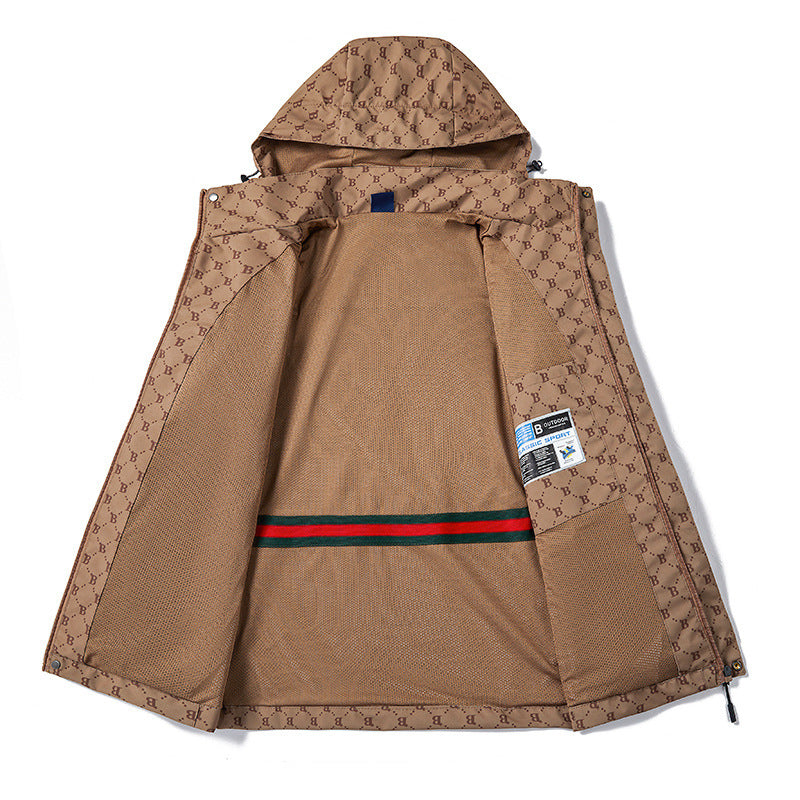 Men's lightweight water-repellent hooded jacket with all-over logo pattern, windproof shell, and practical pockets Chichicherry